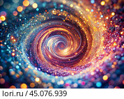 Abstract background. A bright colorful swirl of sequins and bokeh, reminiscent of a galaxy in deep space. Стоковое AI-изображение, AI-художник Photojuli / Фотобанк Лори