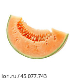 Slice of melon showing seeds and rind isolated on white background. Стоковое AI-изображение, AI-художник Иван Рябоконь / Фотобанк Лори