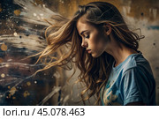 Portrait of a beautiful, young girl with a thoughtful look. The hair develops and creates a feeling of lightness and naturalness. Стоковое AI-изображение, AI-художник Photojuli / Фотобанк Лори