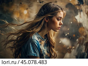 Portrait of a beautiful, young girl with a thoughtful look. The hair develops and creates a feeling of lightness and naturalness. Стоковое AI-изображение, AI-художник Photojuli / Фотобанк Лори