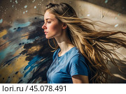 Portrait of a beautiful, young girl with a thoughtful look. The hair develops and creates a feeling of lightness and naturalness. Стоковое AI-изображение, AI-художник Photojuli / Фотобанк Лори
