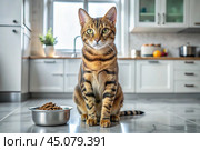 A cute Bengal cat near a feeding bowl in a white kitchen. The cat is looking at the camera. Taking care of animals. Стоковое AI-изображение, AI-художник Photojuli / Фотобанк Лори