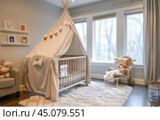 Modern baby room with teepee over crib. Стоковое AI-изображение, AI-художник Иван Рябоконь / Фотобанк Лори