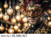 The Venetian Carnival. Close-up of a man in an ornate carnival mask. Bright colors convey an atmosphere of celebration and luxury. Стоковое AI-изображение, AI-художник Photojuli / Фотобанк Лори