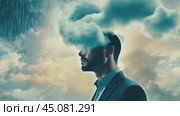 Businessman with clouded mind undergoing rainstorm in surreal scene. Стоковое AI-видео, аниматор Юрий Поздников / Фотобанк Лори