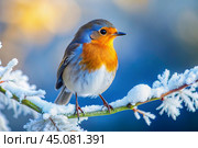 beautiful bright birds, finches sit on a frost-covered branch. Winter landscape with birds. Стоковое AI-изображение, AI-художник Оксана Медведева / Фотобанк Лори