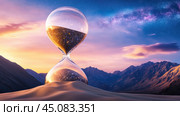 Hourglass filled with stars stands in a serene desert landscape at sunset, AI. Стоковое AI-изображение, AI-художник Сергей Старуш / Фотобанк Лори
