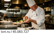 Chef carefully plating a gourmet dish in a bustling restaurant kitchen during dinner service. Стоковое AI-изображение, AI-художник Сергей Толмачёв / Фотобанк Лори