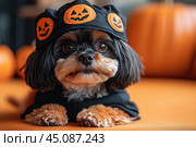 Cavalier King Charles Spaniel dog in Halloween witch hat on orange background, concept of festive pet costume, celebration industry, dog lovers. Стоковое AI-изображение, AI-художник Ирина Михайличенко / Фотобанк Лори