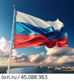 Флаг России флаг, развевающийся, триколор, россия, российская, федерация, символ, государство, белый, синий, красный, цвета государственный, национальный, официальный, флаг, символ, россия, рф, российский, федерация, триколор, трехцветный, красный, синий, белый, трехполосный, полотнище, полощется, развеваться, развевается, флагшток, голубой, небо, облака, солнечный, день. Стоковое AI-изображение, AI-художник Ефимчик Елена Николаевна / Фотобанк Лори
