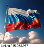 Флаг России флаг, развевающийся, триколор, россия, российская, федерация, символ, государство, белый, синий, красный, цвета государственный, национальный, официальный, флаг, символ, россия, рф, российский, федерация, триколор, трехцветный, красный, синий, белый, трехполосный, полотнище, полощется, развеваться, развевается, флагшток, голубой, небо, облака, солнечный, день. Стоковое AI-изображение, AI-художник Ефимчик Елена Николаевна / Фотобанк Лори