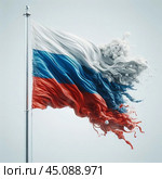 Флаг России флаг, развевающийся, триколор, россия, российская, федерация, символ, государство, белый, синий, красный, цвета государственный, национальный, официальный, флаг, символ, россия, рф, российский, федерация, триколор, трехцветный, красный, синий, белый, трехполосный, полотнище, полощется, развеваться, развевается, флагшток, голубой, небо, облака, солнечный, день. Стоковое AI-изображение, AI-художник Ефимчик Елена Николаевна / Фотобанк Лори