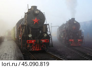 Российский паровоз серии "Л" туманным октябрьским утром на станции Сортавала. Станция Сортавала. Редакционное фото, фотограф Дмитрий Мельников / Фотобанк Лори