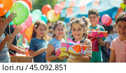 Charity day with smiling children holding gifts,  symbolizing generosity, happiness, and the joy of giving. Стоковое AI-изображение, AI-художник Anastacia Gaikova / Фотобанк Лори