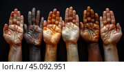 Hands of diverse people extended forward on a black background  symbolizing charity and unity. Стоковое AI-изображение, AI-художник Anastacia Gaikova / Фотобанк Лори
