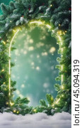 A luminous neon mock-up frame, fluffy Christmas tree branches around , sun rays, floating luminous particles and snow, an empty place to copy, a composition for a banner. Стоковое AI-видео, аниматор Терехова Марина / Фотобанк Лори