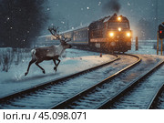 Reindeer suddenly ran out onto railroad tracks in front of an approaching train on winter night with low visibility. Стоковое AI-изображение, AI-художник Владимир Григорьев / Фотобанк Лори