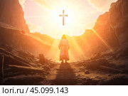Jesus Christ standing at entrance to tomb. resurrection of Christ. light from heaven. Jesus is risen out of a dark stone cave into light. Easter. Стоковое AI-изображение, AI-художник Павел Муравьев / Фотобанк Лори