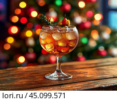Refreshing glass of cocktail against the background of multi-colored lights of the Christmas tree. New Year and Christmas. Стоковое AI-изображение, AI-художник Сергей Елизарьев / Фотобанк Лори
