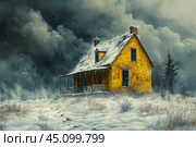 An abandoned yellow house in the middle of a snowy winter landscape. The house looks old and dilapidated, its windows are boarded up, and there is snow on the roof and porch. Snow-covered bushes grow around the house, and in the background, heavy, dark clouds are visible, creating the atmosphere of an approaching snowstorm. The scene conveys a sense of loneliness, isolation, and the harshness of winter nature, surrounded by gloomy skies and snow-covered fields. Стоковое AI-изображение, AI-художник Анна Кривицкая / Фотобанк Лори