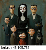 A cartoon version of the characters from the iconic "Addams Family". The central figure is Morticia Addams with her long black hair and dark expression. She is surrounded by other members of the family, including Gomez, Wednesday, Pugsley, and a strange and funny black cat with huge eyes. All the characters look caricatured: they have big eyes and pale faces, which emphasizes the gothic and slightly creepy style. The image is done in dark colors, which perfectly conveys the atmosphere of dark humor and eccentricity of this famous family. Стоковое AI-изображение, AI-художник Анна Кривицкая / Фотобанк Лори