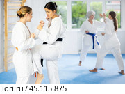 Asian female karateka honing kicking techniques during kumite. Стоковое фото, фотограф Яков Филимонов / Фотобанк Лори