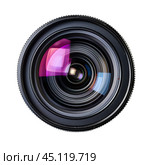 Camera lens showing diaphragm blades reflecting pink light. Стоковое AI-изображение, AI-художник Иван Рябоконь / Фотобанк Лори