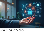 Smart home. Glowing hologram with smart home control icons above a man's palm. Стоковое AI-изображение, AI-художник Коханова Наталья / Фотобанк Лори