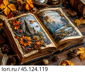 Книга с объемными изображениями лежит на столе. Стоковое AI-изображение, AI-художник Анна Рогалева / Фотобанк Лори