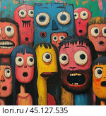 A group of characters in an abstract and surreal style. All the characters have large, exaggerated eyes, bright faces and expressions of surprise or fear. The painting is done in rich, contrasting colors - blue, pink, yellow and red shades. These characters seem chaotic, funny and strange, which creates an atmosphere of absurdity and creativity. The work is done in the style of naive art and is perfect for use in materials related to modern art, design and creative projects. Стоковое AI-изображение, AI-художник Анна Кривицкая / Фотобанк Лори