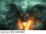 A terrifying demonic creature with huge curved horns and glowing orange eyes. It is surrounded by thick smoke, from which bright flames burst forth, illuminating the creature's face from below. The atmosphere is saturated with gloom and mysticism, creating the impression that the demon is breaking out of hell or volcanic flame. The texture of the horns and skin emphasizes the harshness and sinister nature of the image. Стоковое AI-изображение, AI-художник Анна Кривицкая / Фотобанк Лори