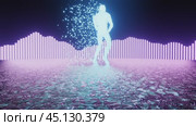Glowing humanoid figure disintegrating in cyberpunk environment. Стоковое видео, видеограф Данил Руденко / Фотобанк Лори