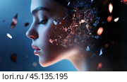 A young girl gazes thoughtfully as fragments of her thoughts dissipate into the air during a creative artistic portrayal. Стоковое AI-изображение, AI-художник Сергей Толмачёв / Фотобанк Лори