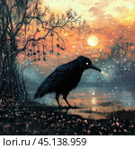 A mystical landscape with a black raven sitting by a pond against the backdrop of a sunset. The raven looks ominous, its eyes glowing with a bright white light. The branches of a nearby tree are covered in cobwebs and are withering, which adds to the atmosphere of mystery. The sunset sky is painted in orange and pink shades, creating a contrast with the dark elements of the foreground. The water reflects the heavenly lights, and birds are visible in the air. Стоковое AI-изображение, AI-художник Анна Кривицкая / Фотобанк Лори