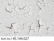 White peeling paint on the wall. Old concrete wall with cracked flaking paint. Weathered rough painted surface with patterns of cracks and peeling. High resolution texture for background and design. Стоковое фото, фотограф Андрей Степанов / Фотобанк Лори