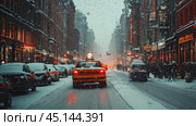 A taxi car drives along a snowy city street during a snowfall, heavy blizzard outdoor. Taxi cab on snow-covered city street, snowstorm, winter atmosphere. Стоковое AI-видео, аниматор Ирина Михайличенко / Фотобанк Лори