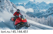 In deep snowdrift snowmobile rider man driving fast. Riding with fun in white snow during backcountry tour. Extreme sport adventure, outdoor activity during winter holiday on ski mountain resort. Стоковое AI-видео, аниматор Ирина Михайличенко / Фотобанк Лори