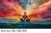 Yoga Esotericism woman is sitting in a lotus position with her hands on her knees. She is surrounded by a colorful aura and is surrounded by a rainbow of colors. Стоковое AI-изображение, AI-художник Ekaterina Ismagilova / Фотобанк Лори