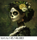 A woman with a face painted in the style of "Catherine" for the holiday "Día de los Muertos". Her face is decorated with black and white patterns stylized as a skull, with an emphasis on the eyes and mouth, which is made in the form of skeletal teeth. On her head is a wreath of white and yellow flowers, which completes the image, emphasizing the symbolism of life and death. She is dressed in a vintage dress with lace, and her hair is high, with graceful curls. On her ears hang gold earrings, which add elegance to the image. The background is done in green and brown tones, which emphasizes the naturalness and connection with nature. Стоковое AI-изображение, AI-художник Анна Кривицкая / Фотобанк Лори