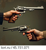 Hands with revolvers. Стоковое AI-изображение, AI-художник RamA / Фотобанк Лори