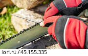 a master sharpens a chain at a chainsaw. Стоковое фото, фотограф Igor Skripachev / Фотобанк Лори
