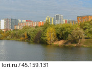 Autumn landscape. Penyaginsky Pond in Landscape Park against background of residential buildings of Mitino district. Moscow, Russia. Стоковое фото, фотограф Валерия Попова / Фотобанк Лори