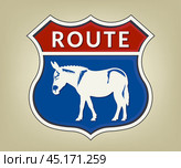 Vector red blue American road sign in the form of a shield. Inscription, route and white silhouette of a donkey. Icon, sticker or badge. Стоковая иллюстрация, иллюстратор GAlexS / Фотобанк Лори