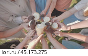 Group of friends is standing together on a patch of grass, holding ice cream cones and popsicles. Стоковое видео, видеограф Mikhail Davidovich / Фотобанк Лори