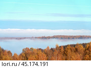 Autumn morning with dissipating fog over a river with an island. Trees with red foliage along the river bank and on the island. Стоковое фото, фотограф Роман Дзюбало / Фотобанк Лори