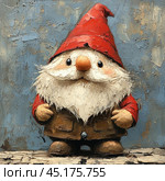 A cute gnome with a thick white beard and rosy cheeks, wearing a red cap and brown jacket. His appearance is done in the style of an oil painting, with noticeable textures of brushstrokes on the background and clothing, which gives the image an artistic and warm character. The gnome has a friendly expression and a slightly toy-like appearance, which makes him ideal for use in decorative and festive themes. The background of the image has a vintage style with a worn texture, which adds character and originality to the image. Стоковое AI-изображение, AI-художник Анна Кривицкая / Фотобанк Лори