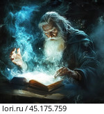 An elderly man with a long grey beard and a wise, focused expression on his face. He is dressed in a dark robe and sits at a table on which an ancient book is open. A magical blue light swirls around the book and his hands, as if the air itself is filled with mysterious energy. His hand seems to control the flow of this magic, creating the illusion that he is a spellcaster or mage working on ancient spells. Стоковое AI-изображение, AI-художник Анна Кривицкая / Фотобанк Лори