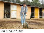 Guy worker scoops horse droppings into shovel and cleans up cattle. Стоковое фото, фотограф Яков Филимонов / Фотобанк Лори