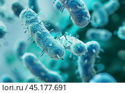 Microscopic view of bacteria cells floating in body. Стоковое AI-изображение, AI-художник Иван Рябоконь / Фотобанк Лори