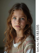A young cute Caucasian girl residing in France is captured in a moment of reflection, her wavy hair falling gracefully around her shoulders while she exudes calm confidence. Generative AI. Стоковое AI-изображение, AI-художник Юлия Петровская / Фотобанк Лори
